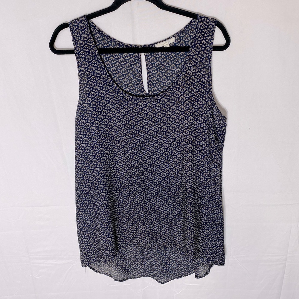5/$25 Pleione Navy Blue Beige Ditsy Floral Sleeveless Semi Sheer Blouse M